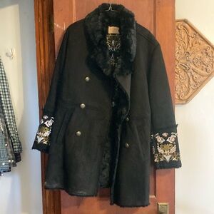 DRIFTWOOD Black Pea Coat with Fur Trim and Embroidery